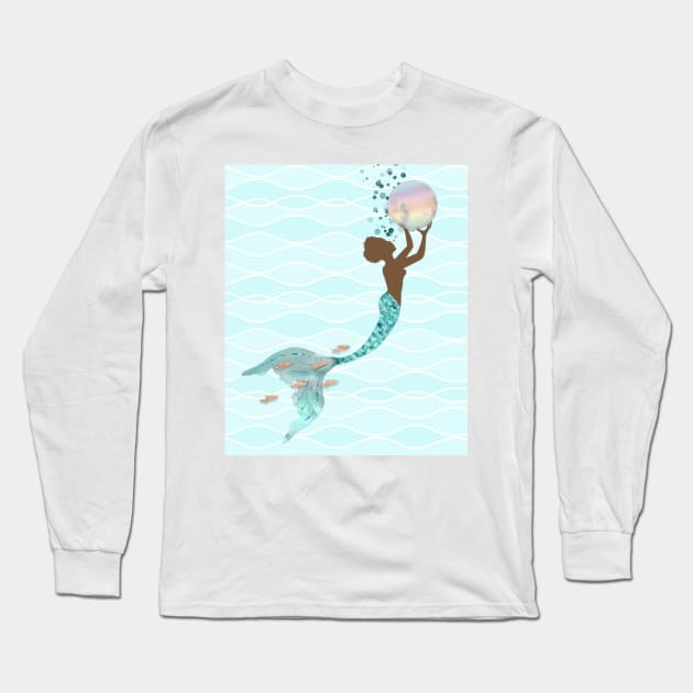 Beautiful Black Mermaid And Pearl Long Sleeve T-Shirt by LittleBean